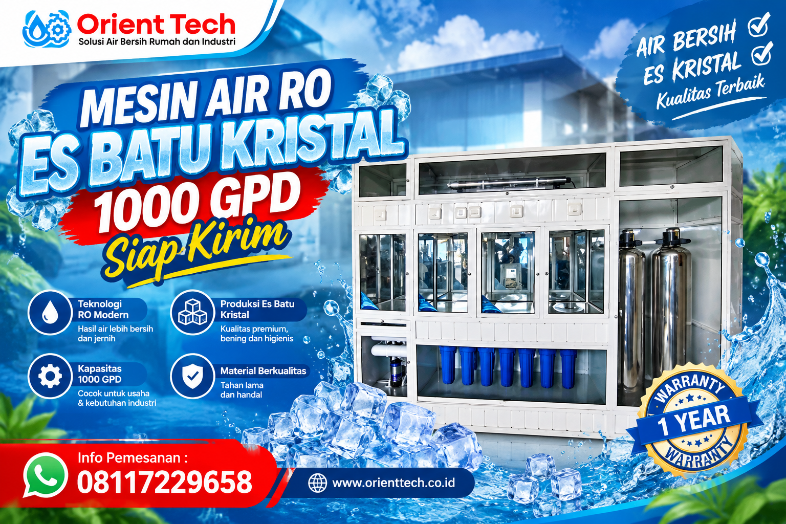 Mesin air ro es batu kristal 1000 gpd siap kirim