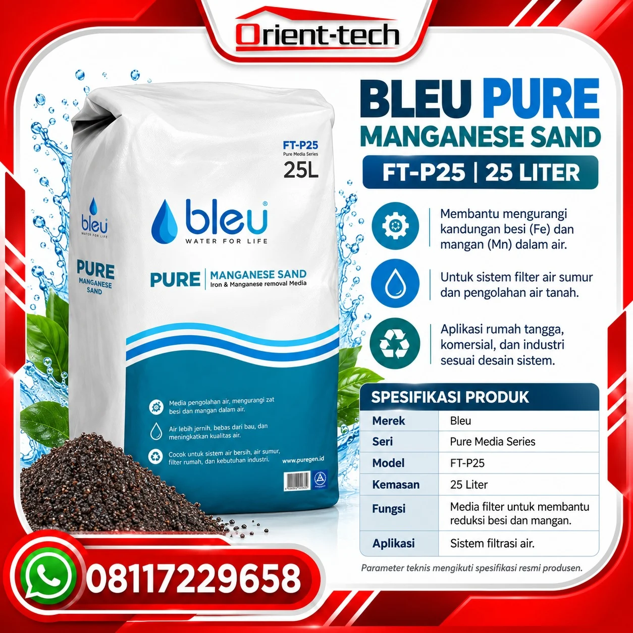 Penguin Media Filter Air Bleu FM-SND25 Manganese Sand untuk media penyaring air yang membantu mengurangi kandungan besi dan mangan pada air sumur dan air tanah.