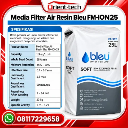 Media Filter Air Resin Bleu FM-ION25, resin kation untuk water softener yang membantu mengurangi kesadahan air akibat kalsium dan magnesium, kemasan 20 kg.