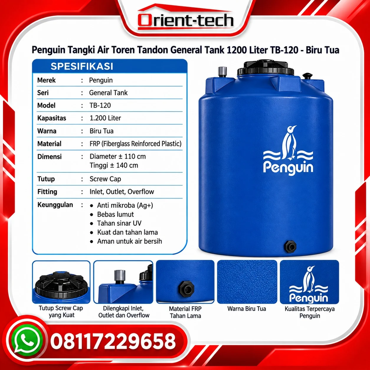 Brosur Penguin Tangki Air Toren General Tank 1200 Liter TB-120 warna biru tua berbahan FRP, dilengkapi tutup screw cap, fitting inlet outlet overflow
