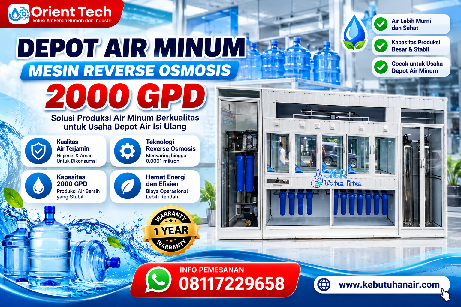 Depot air minum mesin reverse osmosis 2000 gpd