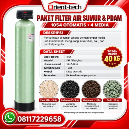 Paket filter air sumur dan PDAM 1054 otomatis dengan tabung FRP serta media silika, karbon aktif, manganese, dan zeolit
