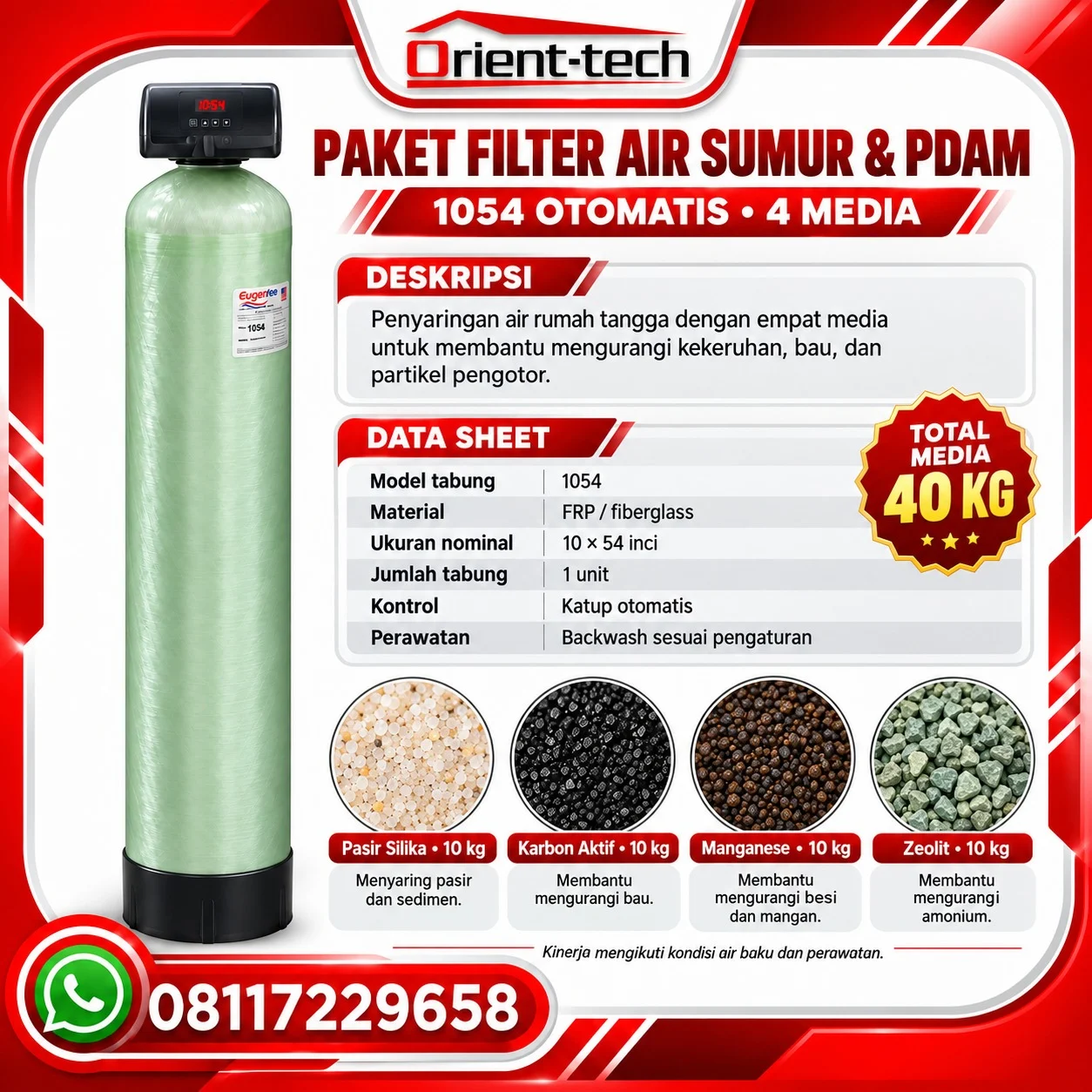 Paket filter air sumur dan PDAM 1054 otomatis dengan tabung FRP serta media silika, karbon aktif, manganese, dan zeolit