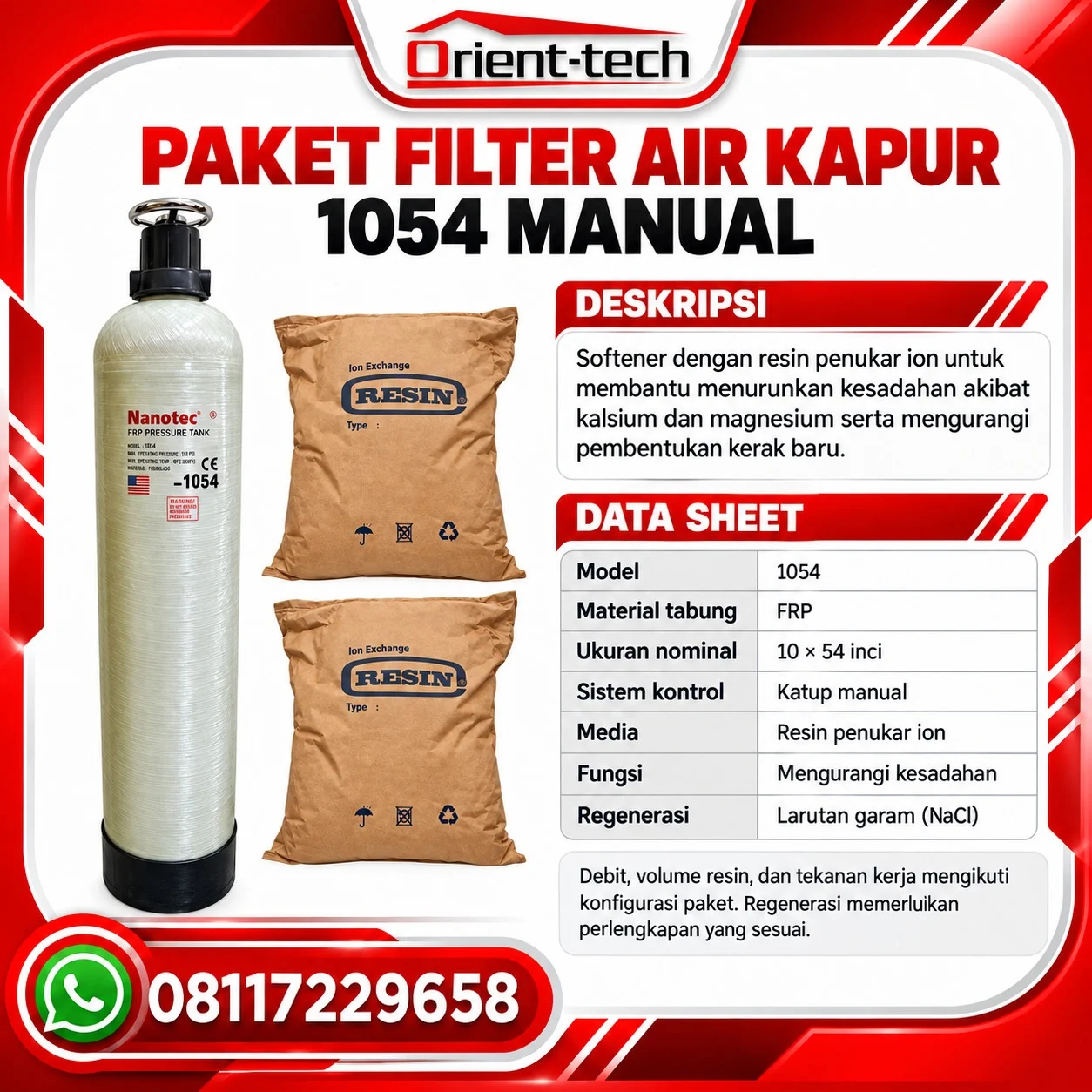Paket filter air kapur 1054 manual dengan tabung FRP Nanotec, katup manual, dan dua kemasan resin