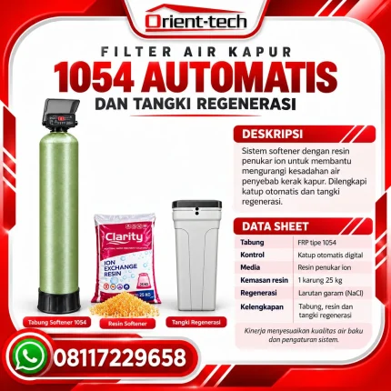 Filter air sumur berkapur 1054 otomatis dengan tabung FRP, katup digital, resin softener 25 kg, dan tangki regenerasi.