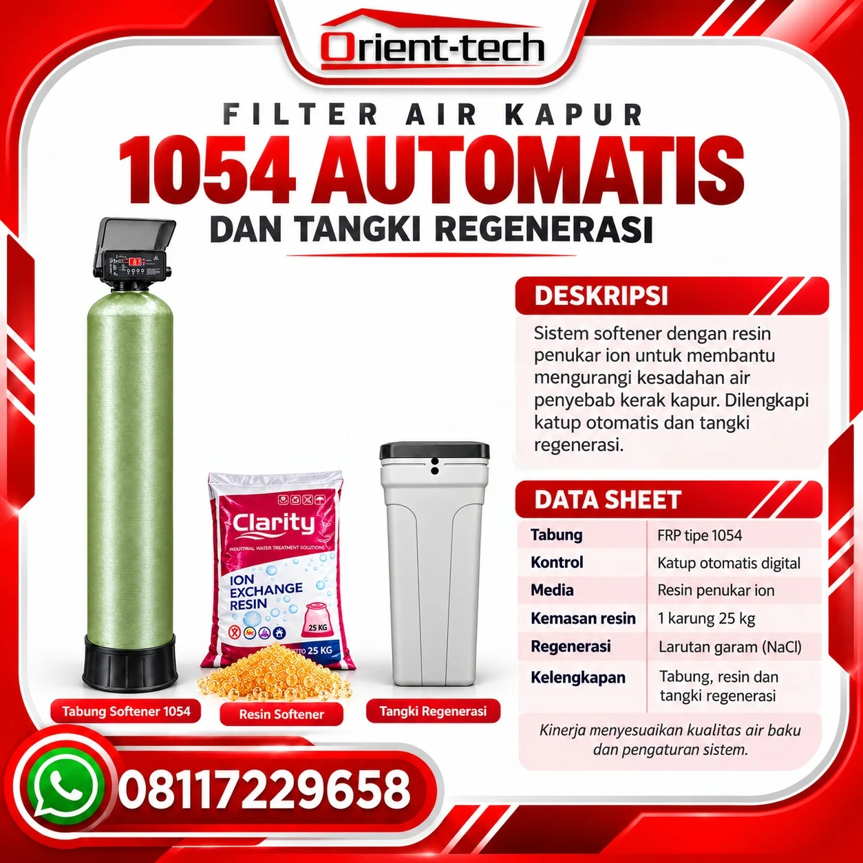Filter air sumur berkapur 1054 otomatis dengan tabung FRP, katup digital, resin softener 25 kg, dan tangki regenerasi.
