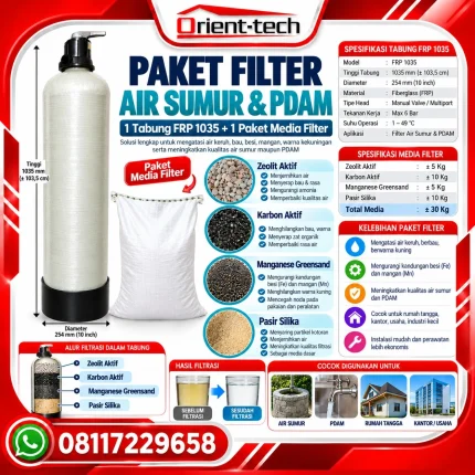 Paket Filter Air Sumur dan PDAM Orient-tech FRP 1035 dengan media filter 30 kg terdiri dari zeolit aktif 5 kg, karbon aktif 10 kg, manganese greensand 5 kg, dan pasir silika 10 kg, dilengkapi tabung filter FRP untuk membantu menyaring kotoran, mengurangi kekeruhan, bau, serta kandungan besi dan mangan pada air.